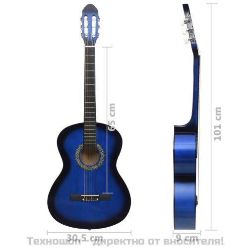 Класическа китара за начинаещи, синя, 4/4, 39", липово дърво