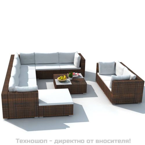 Градински комплект с възглавници, 10 части, кафяв полиратан