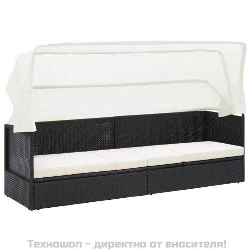 Градински диван със сенник, черен полиратан