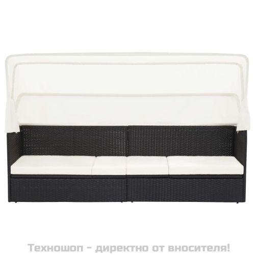 Градински диван със сенник, черен полиратан