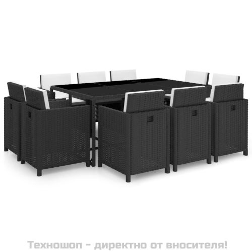 Градински комплект с възглавници, 11 части, черен полиратан