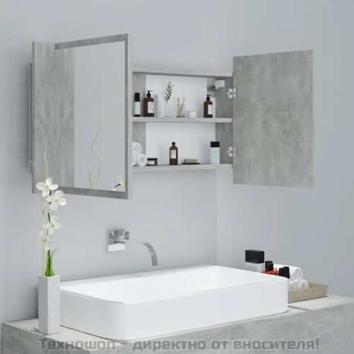LED шкаф с огледало за баня, бетонно сив, 90x12x45 см, акрил