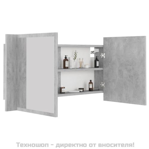 LED шкаф с огледало за баня, бетонно сив, 90x12x45 см, акрил