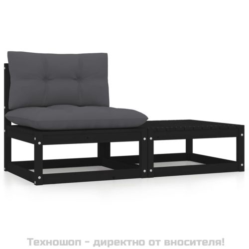 Градински комплект от 2 части, с възглавници, черен, бор масив