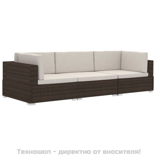 Градински комплект с възглавници, 3 части, кафяв полиратан