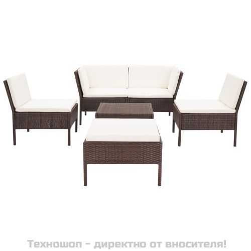 Градински комплект с възглавници, 6 части, кафяв полиратан