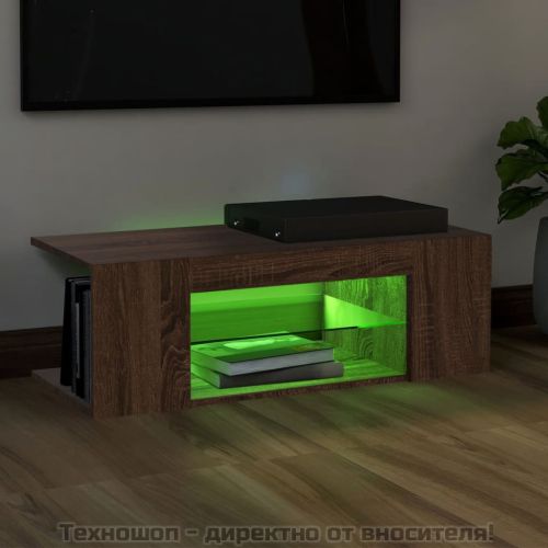 ТВ шкаф с LED осветление, кафяв дъб, 90x39x30 см