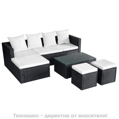 Градински комплект с възглавници, 4 части, черен полиратан