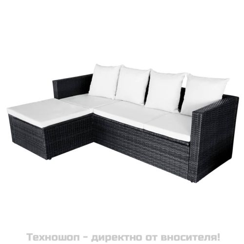 Градински комплект с възглавници, 4 части, черен полиратан