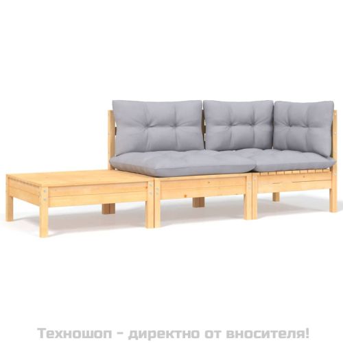 Градински лаундж комплект 3 части сиви възглавници бор масив