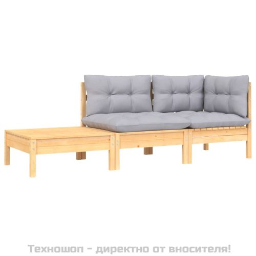 Градински лаундж комплект 3 части сиви възглавници бор масив