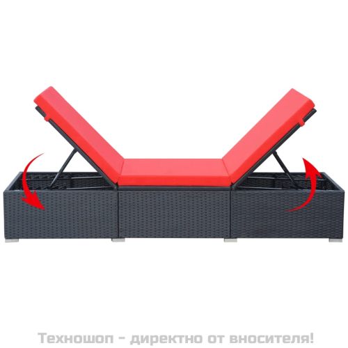 Шезлонг с шалте, черен полиратан