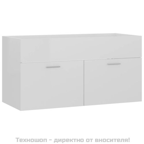 Долен шкаф за мивка, бял гланц, 90x38,5x46 см, инженерно дърво