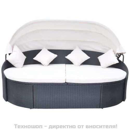 Градинско лаундж легло със сенник, полиратан, черно