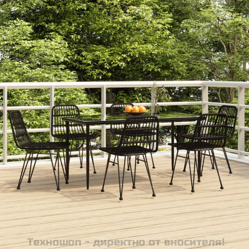 Градински трапезен комплект от 7 части, черно, полиратан