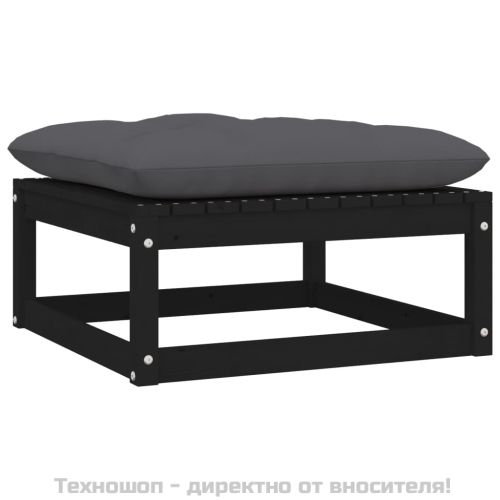 Градинска табуретка с възглавница черна борова дървесина масив