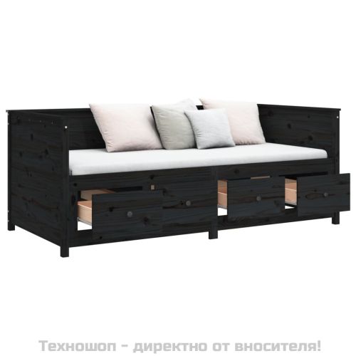 Дневно легло, черно, борово дърво масив, 90x200 см