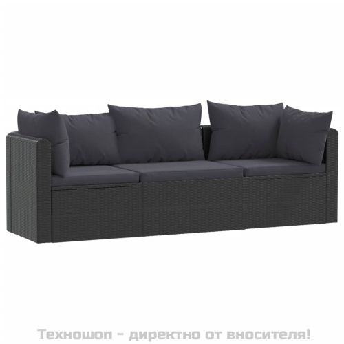 Градински комплект с възглавници, 3 части, полиратан, черен