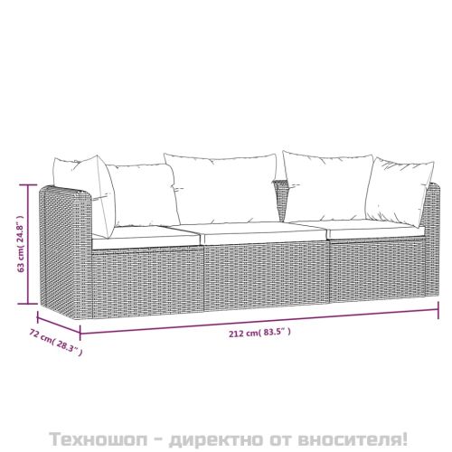 Градински комплект с възглавници, 3 части, полиратан, черен