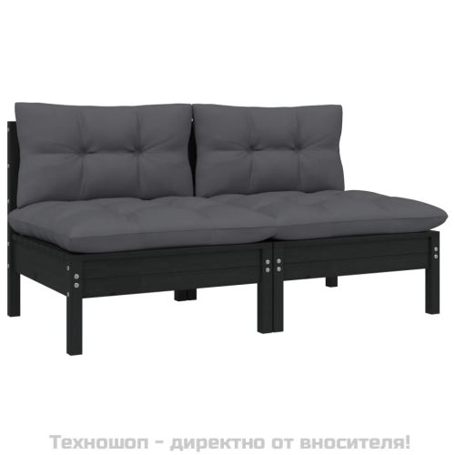 2-местен градински диван с възглавници, черен, бор масив