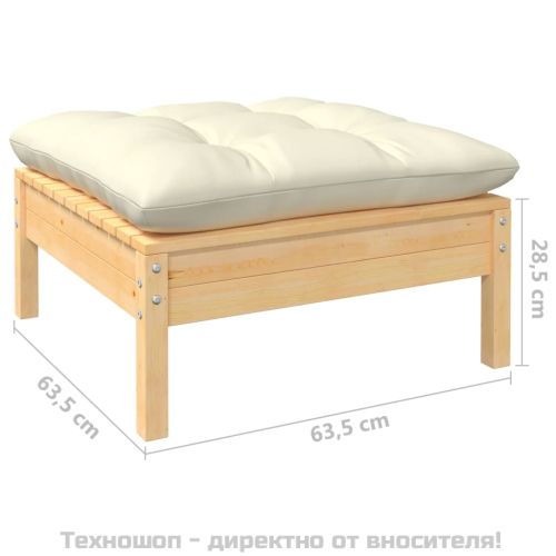 2-местен градински диван с кремави възглавници, бор масив