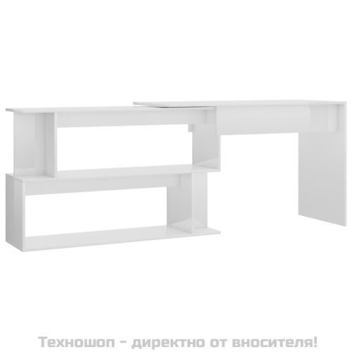 Ъглово бюро, бял гланц, 200x50x76 см, инженерно дърво