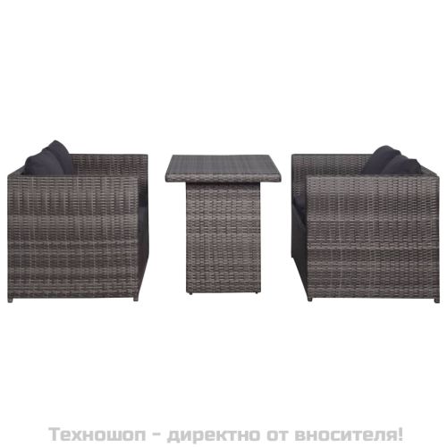 Бистро комплект, 3 части, с възглавници, полиратан, сив