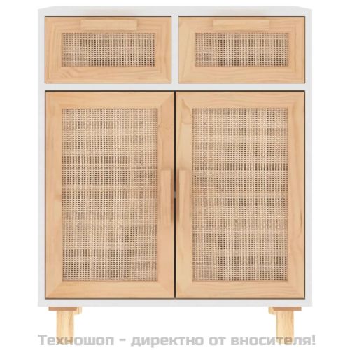 Сайдборд, бял, 60x30x75 см, бор масив и естествен ратан