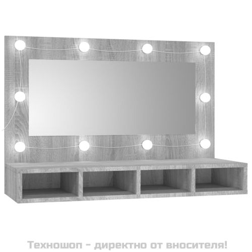 Огледален шкаф с LED, сив сонома, 90x31,5x62 см