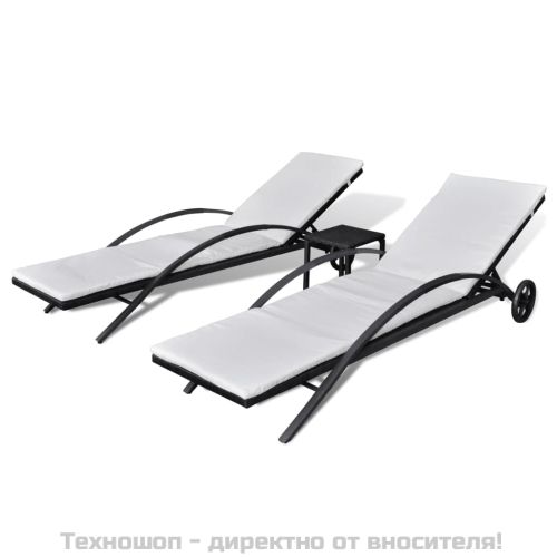 Шезлонги с маса, полиратан, черни