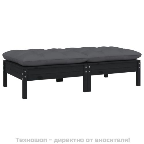 2-местен градински диван с възглавници, черен, бор масив