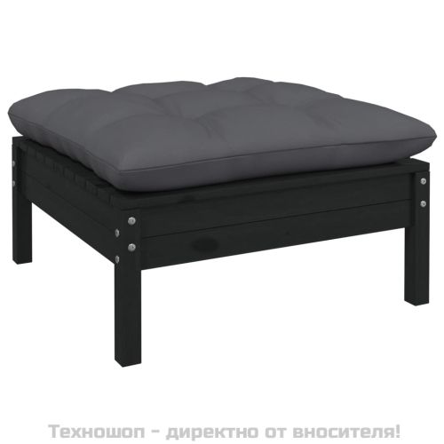 2-местен градински диван с възглавници, черен, бор масив