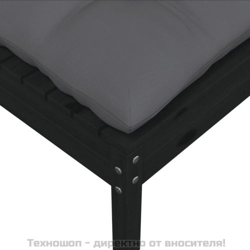 2-местен градински диван с възглавници, черен, бор масив