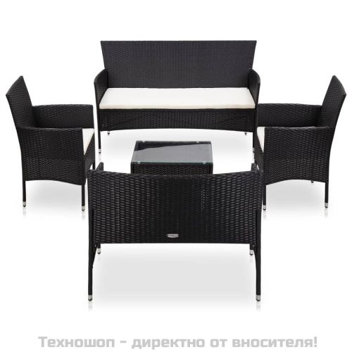 Градински комплект с възглавници, 5 части, полиратан, черен