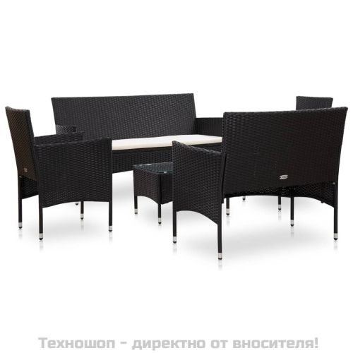 Градински комплект с възглавници, 5 части, полиратан, черен