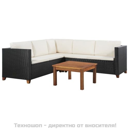 Градински комплект с възглавници, 4 части, черен полиратан