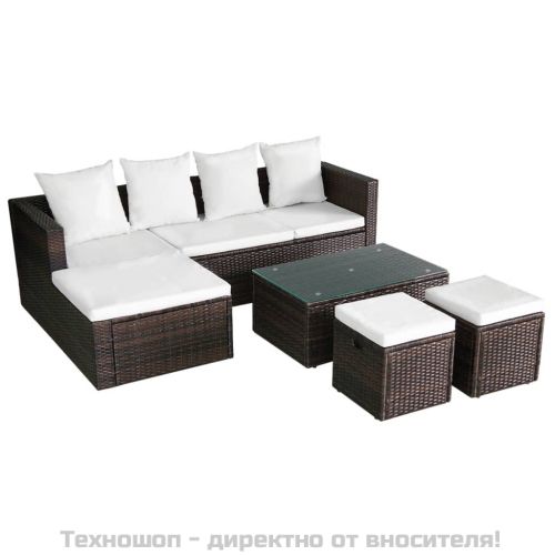 Градински комплект с възглавници, 4 части, кафяв полиратан