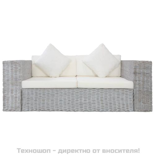 2-местен диван с възглавници, сив, естествен ратан