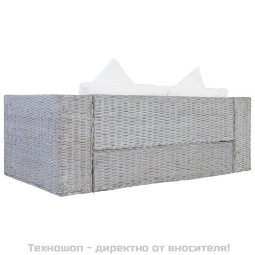 2-местен диван с възглавници, сив, естествен ратан