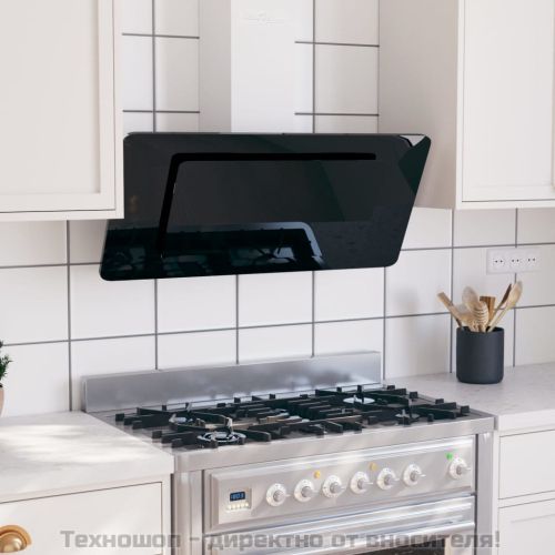 Стенен абсорбатор, 90 см, инокс и закалено стъкло, черен