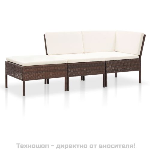 Градински комплект с възглавници, 3 части, кафяв полиратан