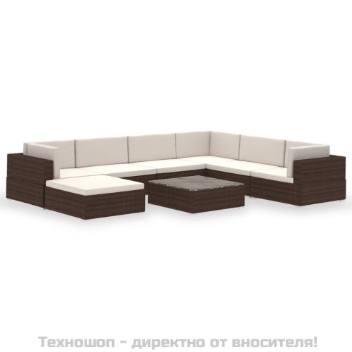 Градински комплект с възглавници, 8 части, кафяв полиратан