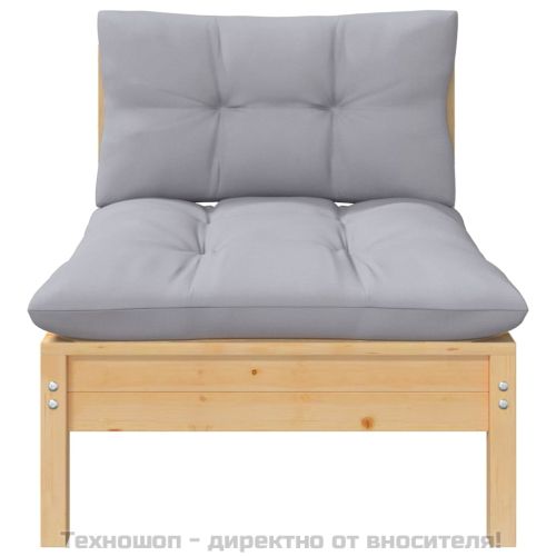 Градински среден диван със сиви възглавници, бор масив