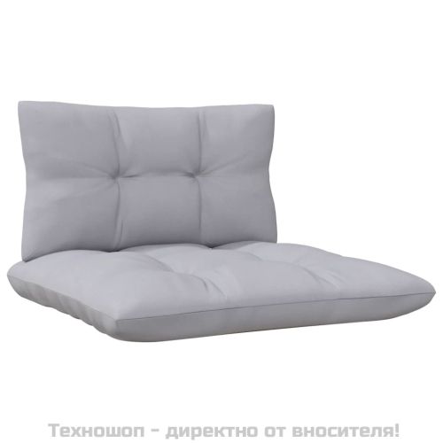 Градински среден диван със сиви възглавници, бор масив