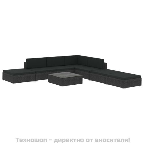 Градински комплект с възглавници, 8 части, полиратан, черен