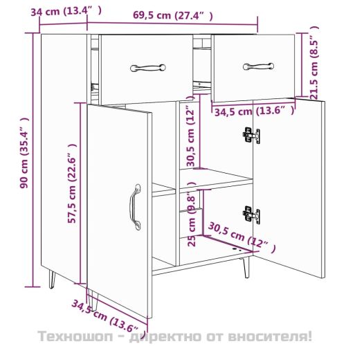 Сайдборд, бетонно сив, 69,5x34x90 см, инженерно дърво