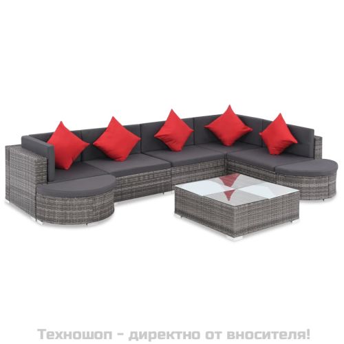 Градински комплект с възглавници, 8 части, полиратан, сив