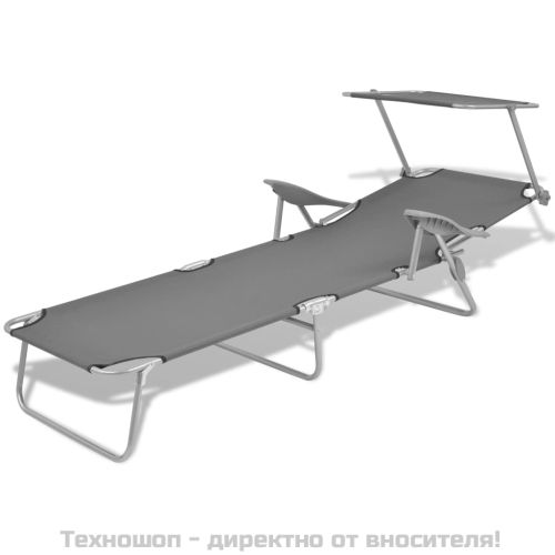 Шезлонг с козирка, стомана, сив