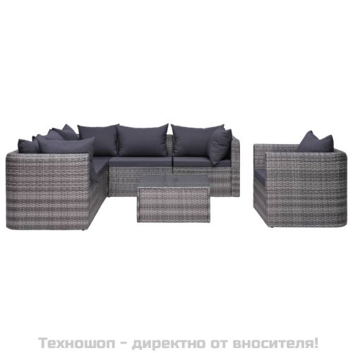 Градински комплект с възглавници, 7 части, полиратан, сив