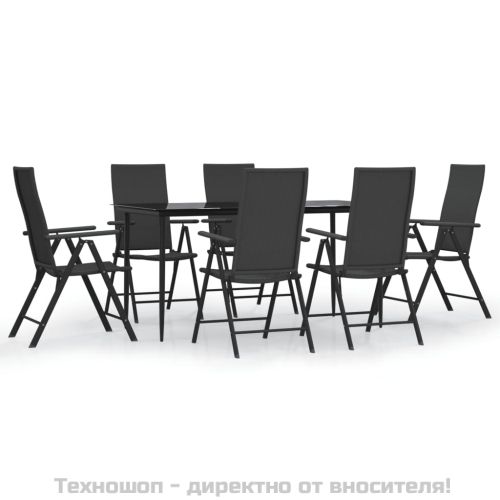 Градински трапезен комплект от 7 части, черно, полиратан